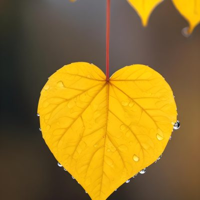 A Yellow Heart Shaped Leaf With Water Droplets On A Blurred Autumn Background 13 E897