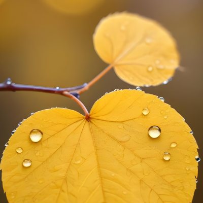 A Yellow Heart Shaped Leaf With Water Droplets On A Blurred Autumn Background 2 0b3f