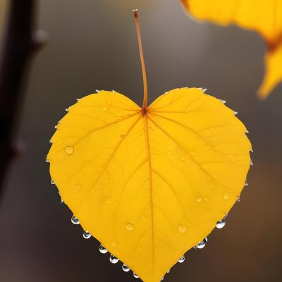 A Yellow Heart Shaped Leaf With Water Droplets On A Blurred Autumn Background 3 6064