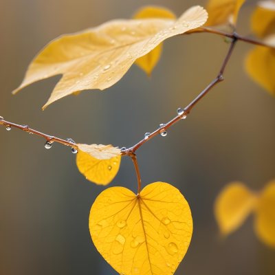 A Yellow Heart Shaped Leaf With Water Droplets On A Blurred Autumn Background 4 9e5d