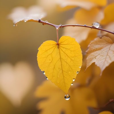 A Yellow Heart Shaped Leaf With Water Droplets On A Blurred Autumn Background 5 6ded
