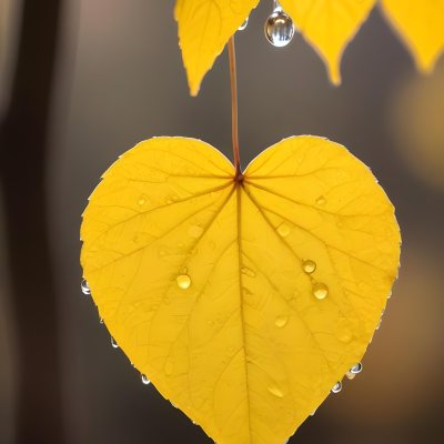 A Yellow Heart Shaped Leaf With Water Droplets On A Blurred Autumn Background 7 79ff