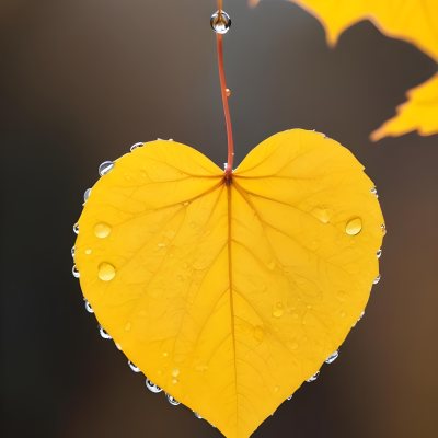 A Yellow Heart Shaped Leaf With Water Droplets On A Blurred Autumn Background 9 0f0b