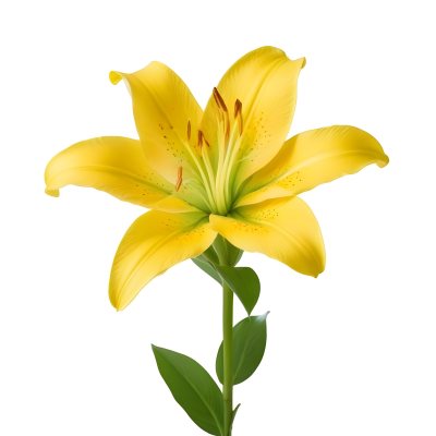 A Yellow Lily Flower With Six Petals White Spots Yellow Stem And Leaves Isolated On A Yellow Background 11 9f89