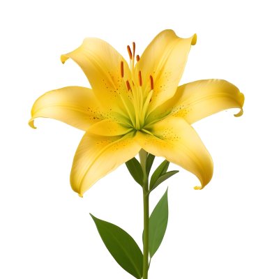 A Yellow Lily Flower With Six Petals White Spots Yellow Stem And Leaves Isolated On A Yellow Background 14 47d8