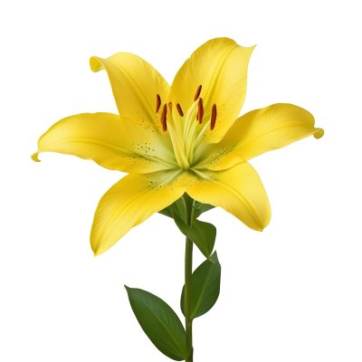 A Yellow Lily Flower With Six Petals White Spots Yellow Stem And Leaves Isolated On A Yellow Background 19 3f62