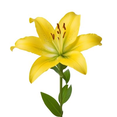 A Yellow Lily Flower With Six Petals White Spots Yellow Stem And Leaves Isolated On A Yellow Background 22 0c24