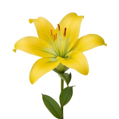 A Yellow Lily Flower With Six Petals White Spots Yellow Stem And Leaves Isolated On A Yellow Background 24 462b