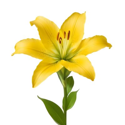 A Yellow Lily Flower With Six Petals White Spots Yellow Stem And Leaves Isolated On A Yellow Background 28 6935