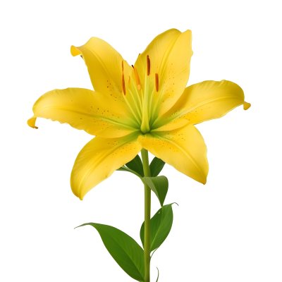 A Yellow Lily Flower With Six Petals White Spots Yellow Stem And Leaves Isolated On A Yellow Background 29 B618