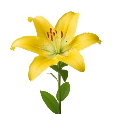 A Yellow Lily Flower With Six Petals White Spots Yellow Stem And Leaves Isolated On A Yellow Background 36 Fe52