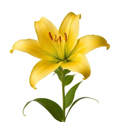 A Yellow Lily Flower With Six Petals White Spots Yellow Stem And Leaves Isolated On A Yellow Background 37 Ec5e