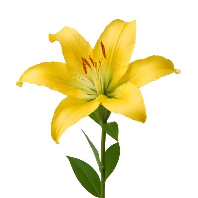A Yellow Lily Flower With Six Petals White Spots Yellow Stem And Leaves Isolated On A Yellow Background 9 969b