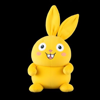 A Yellow Plush Toy Rabbit With Large Ears And A Smiling Expression Against A Black Background 1 00a5