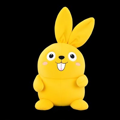 A Yellow Plush Toy Rabbit With Large Ears And A Smiling Expression Against A Black Background 6 E983