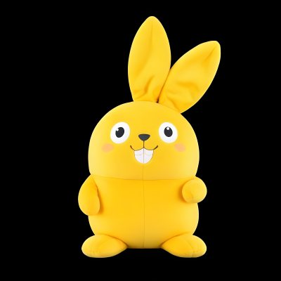 A Yellow Plush Toy Rabbit With Large Ears And A Smiling Expression Against A Black Background 7 077a