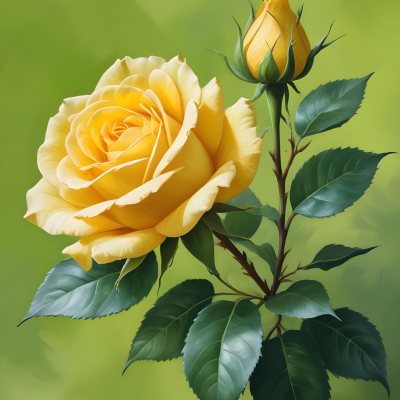A Yellow Rose In Bloom With Green Leaves Against A Blurred Green Background 12 E48f