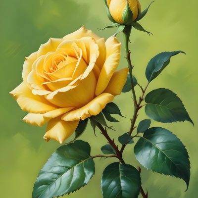 A Yellow Rose In Bloom With Green Leaves Against A Blurred Green Background 13 26f8