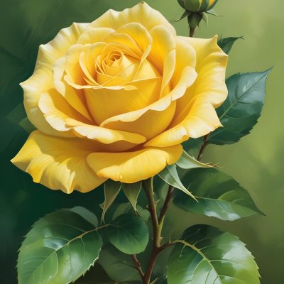 A Yellow Rose In Bloom With Green Leaves Against A Blurred Green Background 14 812e
