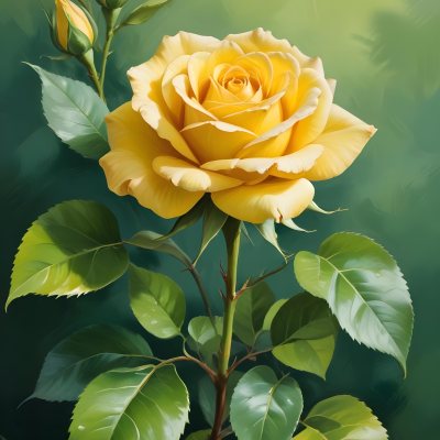 A Yellow Rose In Bloom With Green Leaves Against A Blurred Green Background 19 B490