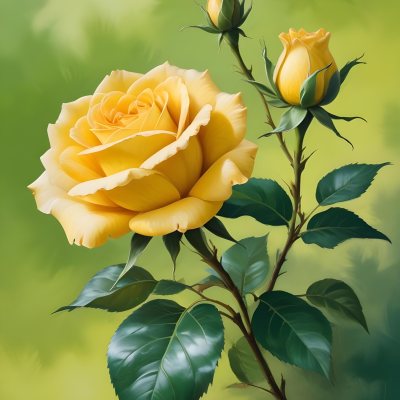 A Yellow Rose In Bloom With Green Leaves Against A Blurred Green Background 2 5455
