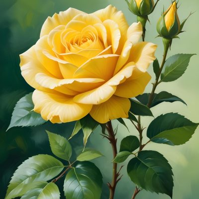 A Yellow Rose In Bloom With Green Leaves Against A Blurred Green Background 20 2bf6