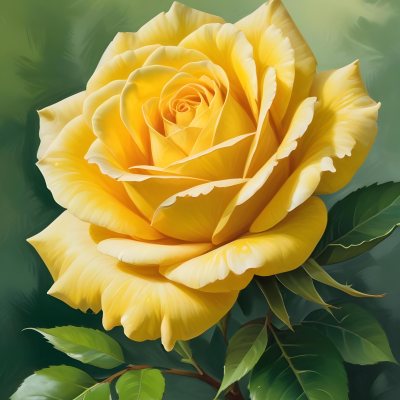 A Yellow Rose In Bloom With Green Leaves Against A Blurred Green Background 4 3df5