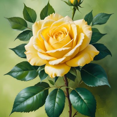 A Yellow Rose In Bloom With Green Leaves Against A Blurred Green Background 5 F1c0