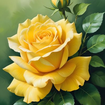 A Yellow Rose In Bloom With Green Leaves Against A Blurred Green Background 7 2f2c