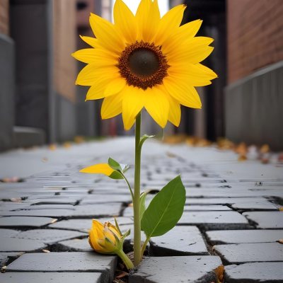 A Yellow Sunflower Growing Through Cracks In A Concrete Sidewalk With Fallen Leaves And Debris Around It The Sunflower Stands Out Against The Gray Concrete Background Symbolizing Resilience And The Ability To T 1 20dd