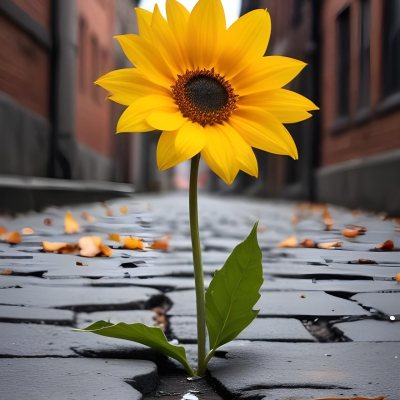 A Yellow Sunflower Growing Through Cracks In A Concrete Sidewalk With Fallen Leaves And Debris Around It The Sunflower Stands Out Against The Gray Concrete Background Symbolizing Resilience And The Ability To T 11 2507