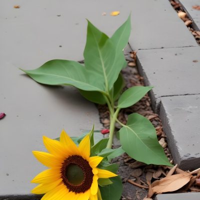 A Yellow Sunflower Growing Through Cracks In A Concrete Sidewalk With Fallen Leaves And Debris Around It The Sunflower Stands Out Against The Gray Concrete Background Symbolizing Resilience And The Ability To T 22 79cf