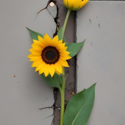 A Yellow Sunflower Growing Through Cracks In A Concrete Sidewalk With Fallen Leaves And Debris Around It The Sunflower Stands Out Against The Gray Concrete Background Symbolizing Resilience And The Ability To T 23 C140