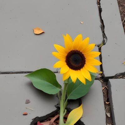 A Yellow Sunflower Growing Through Cracks In A Concrete Sidewalk With Fallen Leaves And Debris Around It The Sunflower Stands Out Against The Gray Concrete Background Symbolizing Resilience And The Ability To T 24 5d61