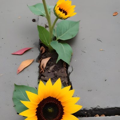 A Yellow Sunflower Growing Through Cracks In A Concrete Sidewalk With Fallen Leaves And Debris Around It The Sunflower Stands Out Against The Gray Concrete Background Symbolizing Resilience And The Ability To T 27 6536