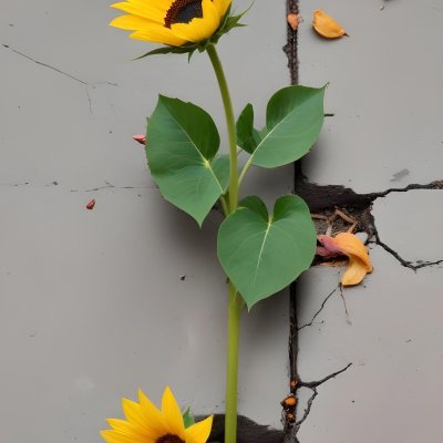 A Yellow Sunflower Growing Through Cracks In A Concrete Sidewalk With Fallen Leaves And Debris Around It The Sunflower Stands Out Against The Gray Concrete Background Symbolizing Resilience And The Ability To T 28 9dd1
