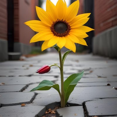 A Yellow Sunflower Growing Through Cracks In A Concrete Sidewalk With Fallen Leaves And Debris Around It The Sunflower Stands Out Against The Gray Concrete Background Symbolizing Resilience And The Ability To T 29 E87e