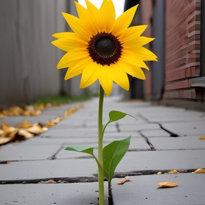 A Yellow Sunflower Growing Through Cracks In A Concrete Sidewalk With Fallen Leaves And Debris Around It The Sunflower Stands Out Against The Gray Concrete Background Symbolizing Resilience And The Ability To T 35 Ce9b