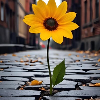 A Yellow Sunflower Growing Through Cracks In A Concrete Sidewalk With Fallen Leaves And Debris Around It The Sunflower Stands Out Against The Gray Concrete Background Symbolizing Resilience And The Ability To T 38 8911
