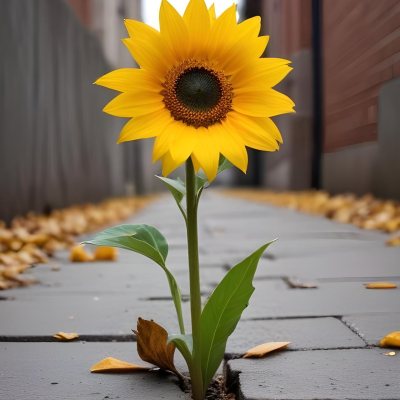 A Yellow Sunflower Growing Through Cracks In A Concrete Sidewalk With Fallen Leaves And Debris Around It The Sunflower Stands Out Against The Gray Concrete Background Symbolizing Resilience And The Ability To T 6 101f
