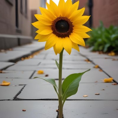 A Yellow Sunflower Growing Through Cracks In A Concrete Sidewalk With Fallen Leaves And Debris Around It The Sunflower Stands Out Against The Gray Concrete Background Symbolizing Resilience And The Ability To T 7 Ec1d
