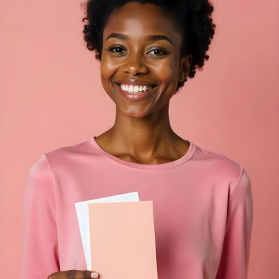 A Young African American Woman With Short Curly Hair Wearing A Pink Top And Holding Color Swatches Smiling At The Camera 16
