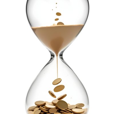 An Hourglass With Sand On The Top And Coins Falling Down To The Bottom White Background 1 8442