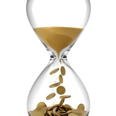 An Hourglass With Sand On The Top And Coins Falling Down To The Bottom White Background 11 9147
