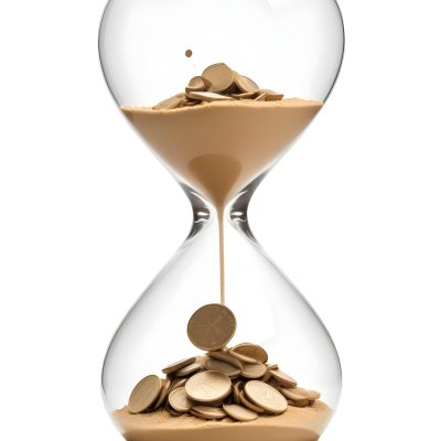 An Hourglass With Sand On The Top And Coins Falling Down To The Bottom White Background 12 7b46