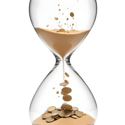 An Hourglass With Sand On The Top And Coins Falling Down To The Bottom White Background 14 5151
