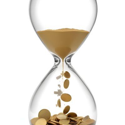 An Hourglass With Sand On The Top And Coins Falling Down To The Bottom White Background 15 3253