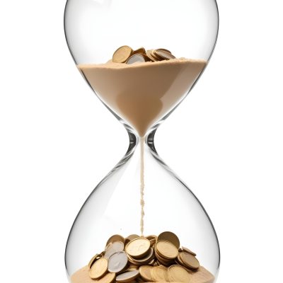 An Hourglass With Sand On The Top And Coins Falling Down To The Bottom White Background 18 2dc3