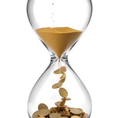 An Hourglass With Sand On The Top And Coins Falling Down To The Bottom White Background 24 892a