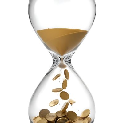 An Hourglass With Sand On The Top And Coins Falling Down To The Bottom White Background 4 Abf0